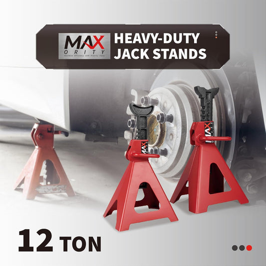 12-Ton (26000 lbs.) Heavy-Duty Adjustable Jack Stands 12’’ X 11’’ Large Base for Truck, SUV, RV, Bus, Tire Changes, Repairs, Automotive Lifting with Handle Lock, Set of 2, Red