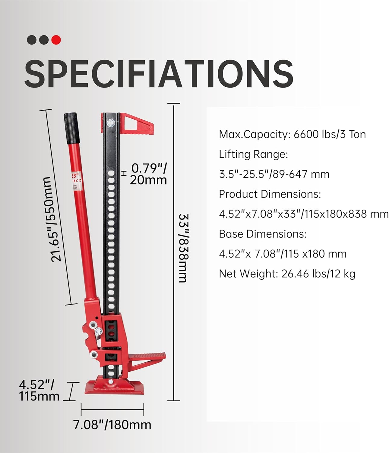 3-Ton (6000 lbs) Capacity 33 in. Cast Iron Ratcheting Off-Road Utility Farm Jack Ideal for Car/Truck/ATV/SUV/Tractor