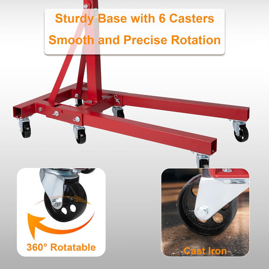 2000 lbs Cast Iron Heavy-Duty Foldable Engine Motor Stand for Vehicle Maintenance and Auto Repair with 360° Rotating Head, 6 Casters, 4 Adjustable arms