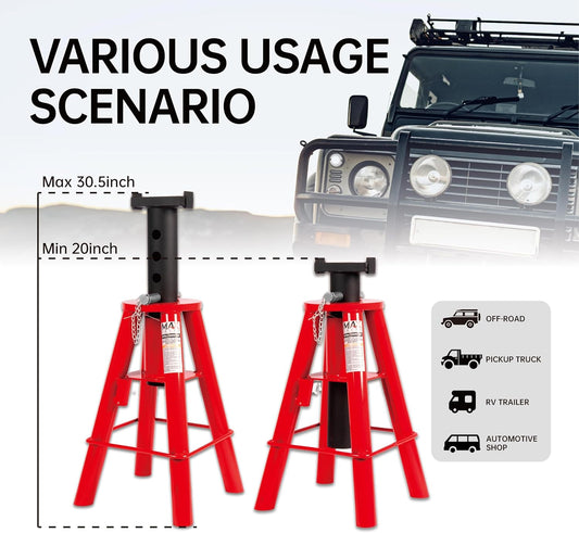 10 Ton (20,000 lbs) Capacity Heavy-Duty Medium Profile Pin Type Adjustable Jack Stand for Trucks & Equipment, 1 Pair