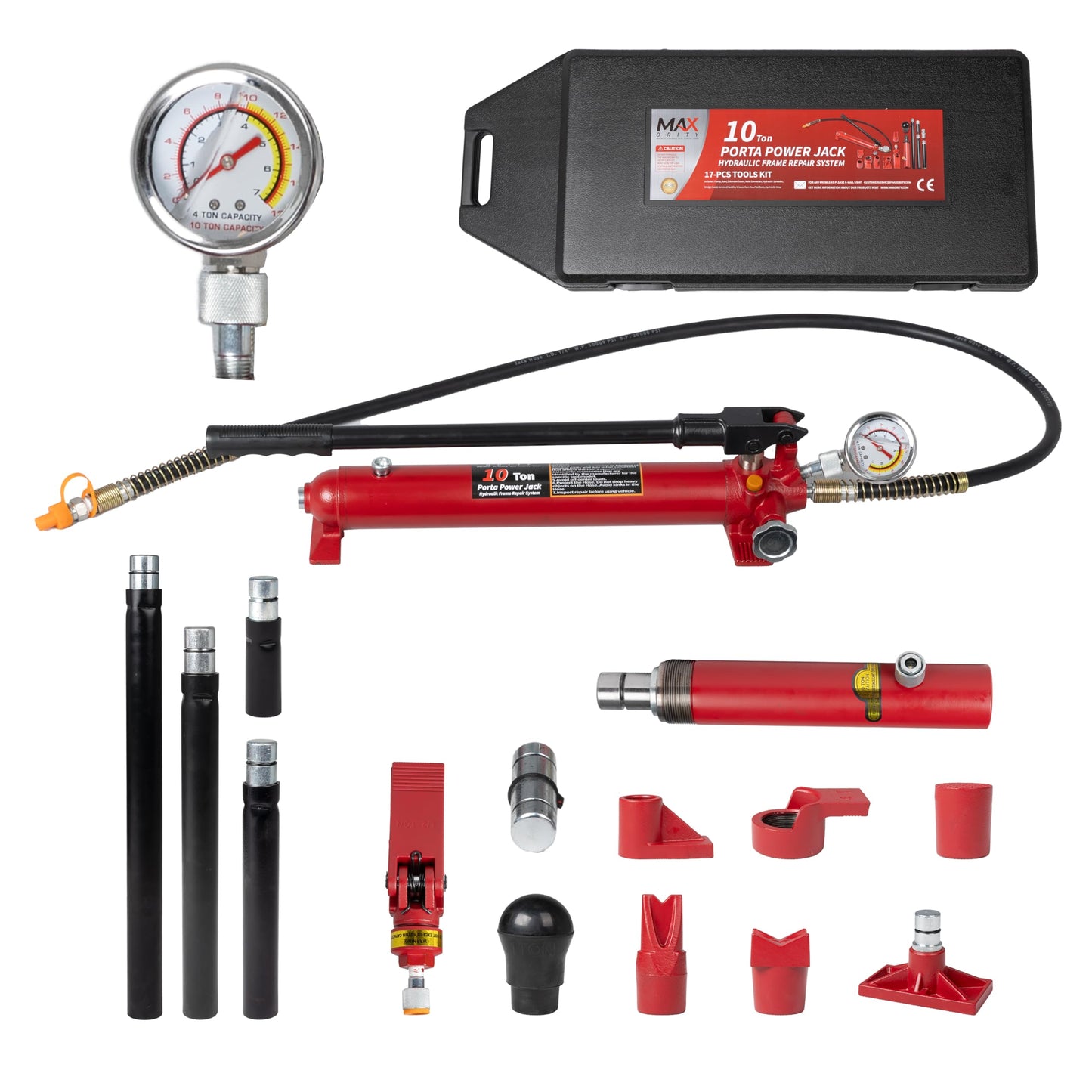 4 Ton (8800 lbs Capacity) Porta Power Hydraulic Ram Auto Body Frame Collision Repair Kit Set, 18-Pcs, with Blow Mold Carrying Case and Gauge