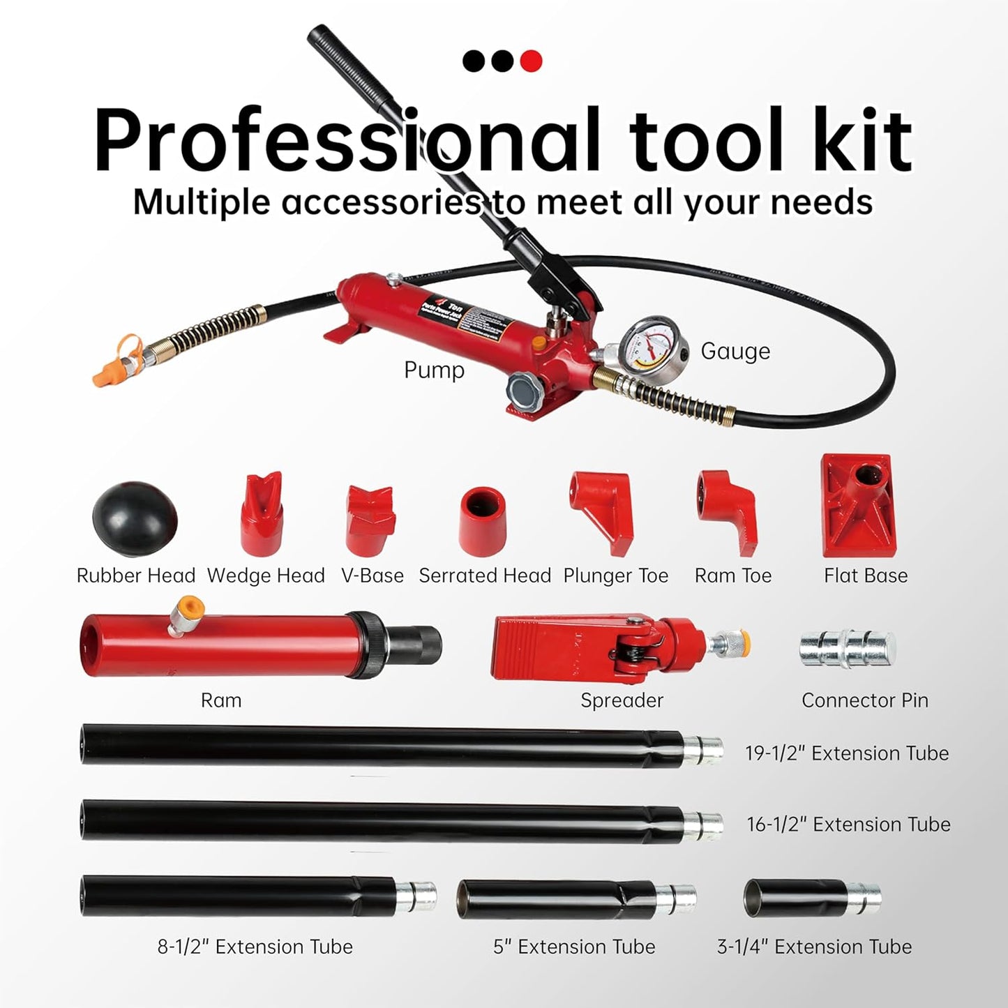 4 Ton (8800 lbs Capacity) Porta Power Hydraulic Ram Auto Body Frame Collision Repair Kit Set, 18-Pcs, with Blow Mold Carrying Case and Gauge