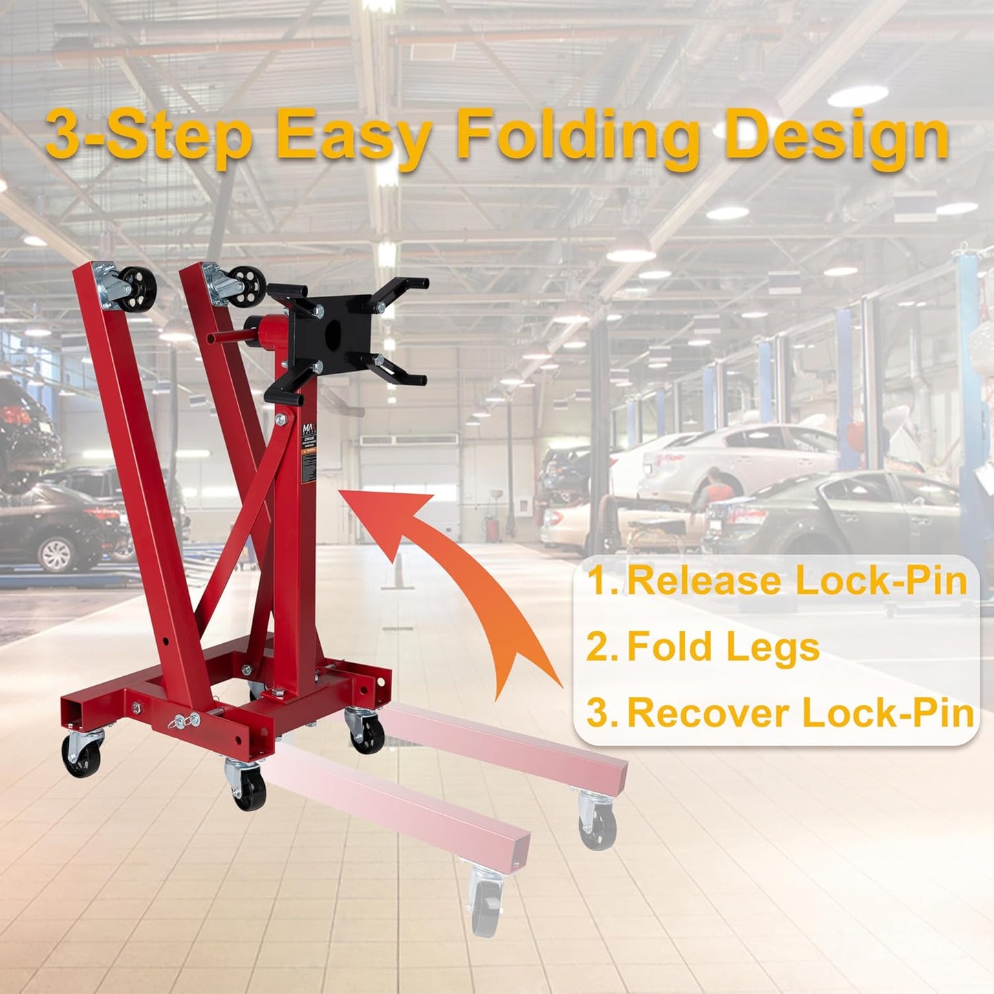 2000 lbs Cast Iron Heavy-Duty Foldable Engine Motor Stand for Vehicle Maintenance and Auto Repair with 360° Rotating Head, 6 Casters, 4 Adjustable arms