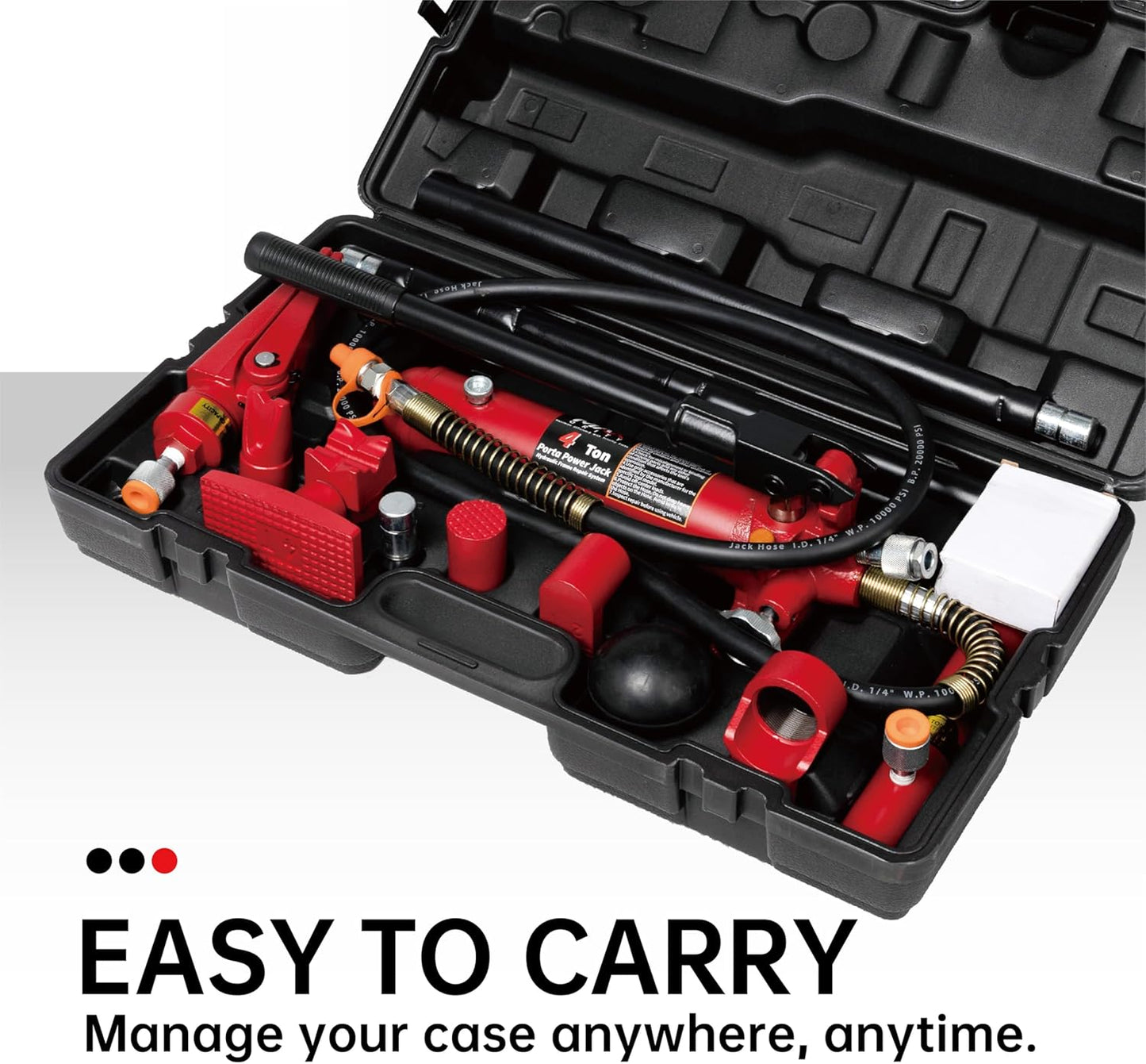 4 Ton (8800 lbs Capacity) Porta Power Hydraulic Ram Auto Body Frame Collision Repair Kit Set, 18-Pcs, with Blow Mold Carrying Case and Gauge