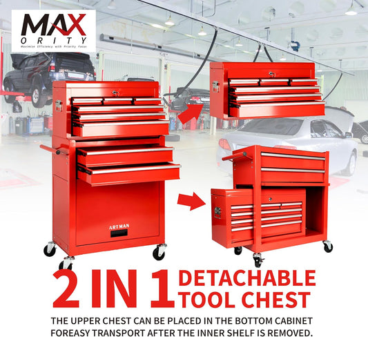 8-Drawer Rolling Tool Chest with Lockable Wheels, Sliding Drawers, Detachable Top & Adjustable Shelf – Heavy Duty Tool Storage Cabinet for Garage, Workshop & Home Organization