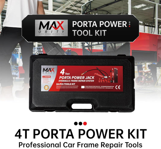 4 Ton (8800 lbs Capacity) Porta Power Hydraulic Ram Auto Body Frame Collision Repair Kit Set, 18-Pcs, with Blow Mold Carrying Case and Gauge