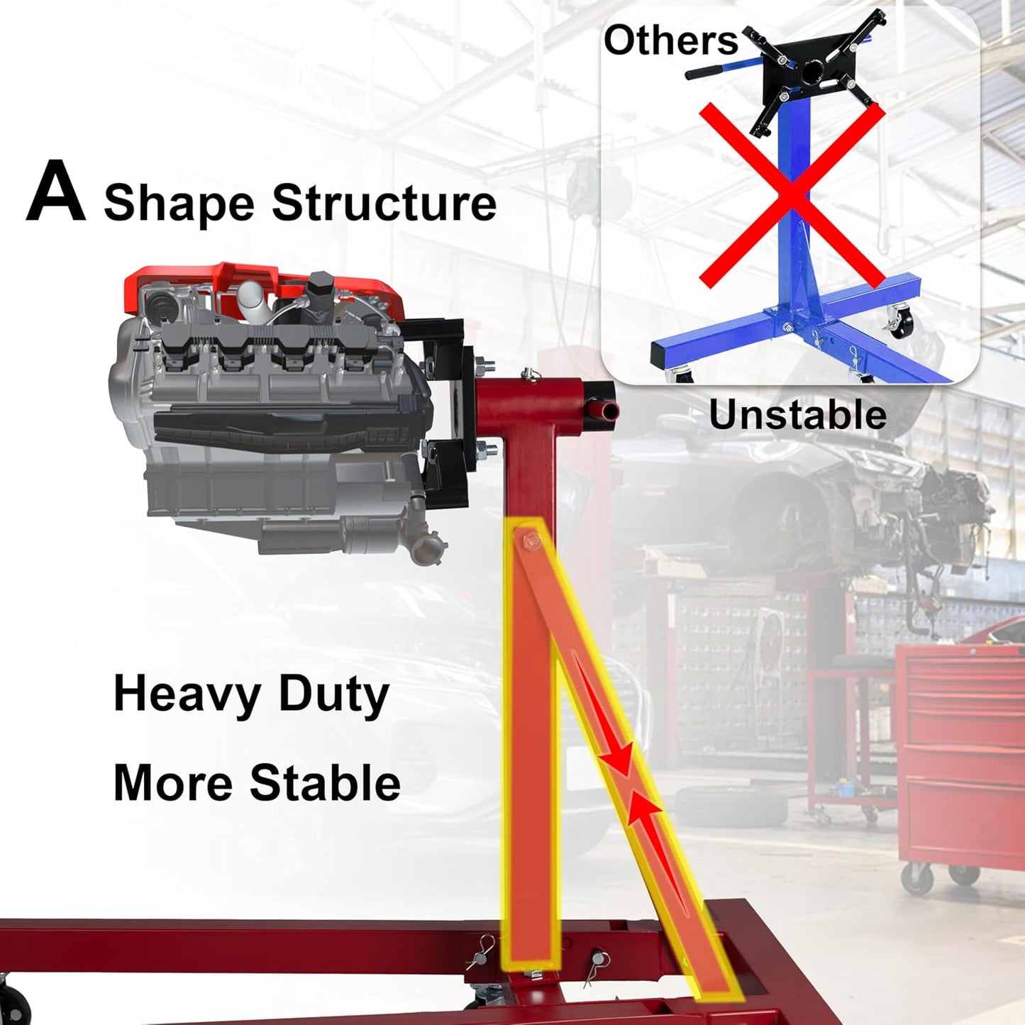 2000 lbs Cast Iron Heavy-Duty Foldable Engine Motor Stand for Vehicle Maintenance and Auto Repair with 360° Rotating Head, 6 Casters, 4 Adjustable arms