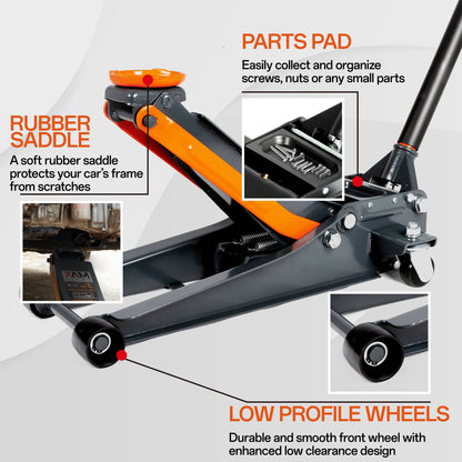 3-Ton (6600lbs) Low Profile Hydraulic Heavy-Duty Steel Floor Jack with Dual Pistons Quick Lift Pump, Home and Workshop Car Maintenance for Various Vehicles