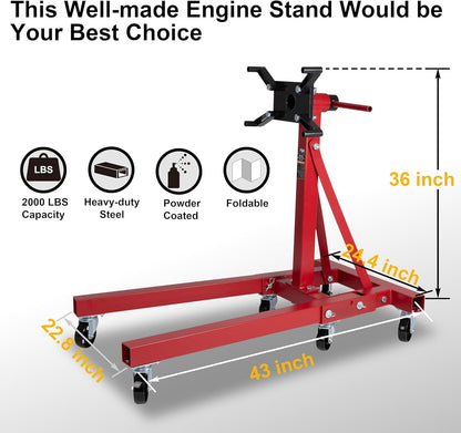 2000 lbs Cast Iron Heavy-Duty Foldable Engine Motor Stand for Vehicle Maintenance and Auto Repair with 360° Rotating Head, 6 Casters, 4 Adjustable arms