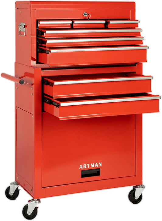 8-Drawer Rolling Tool Chest with Lockable Wheels, Sliding Drawers, Detachable Top & Adjustable Shelf – Heavy Duty Tool Storage Cabinet for Garage, Workshop & Home Organization