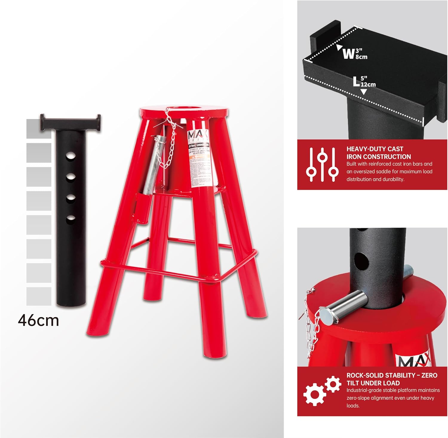 10 Ton (20,000 lbs) Capacity Heavy-Duty Medium Profile Pin Type Adjustable Jack Stand for Trucks & Equipment, 1 Pair