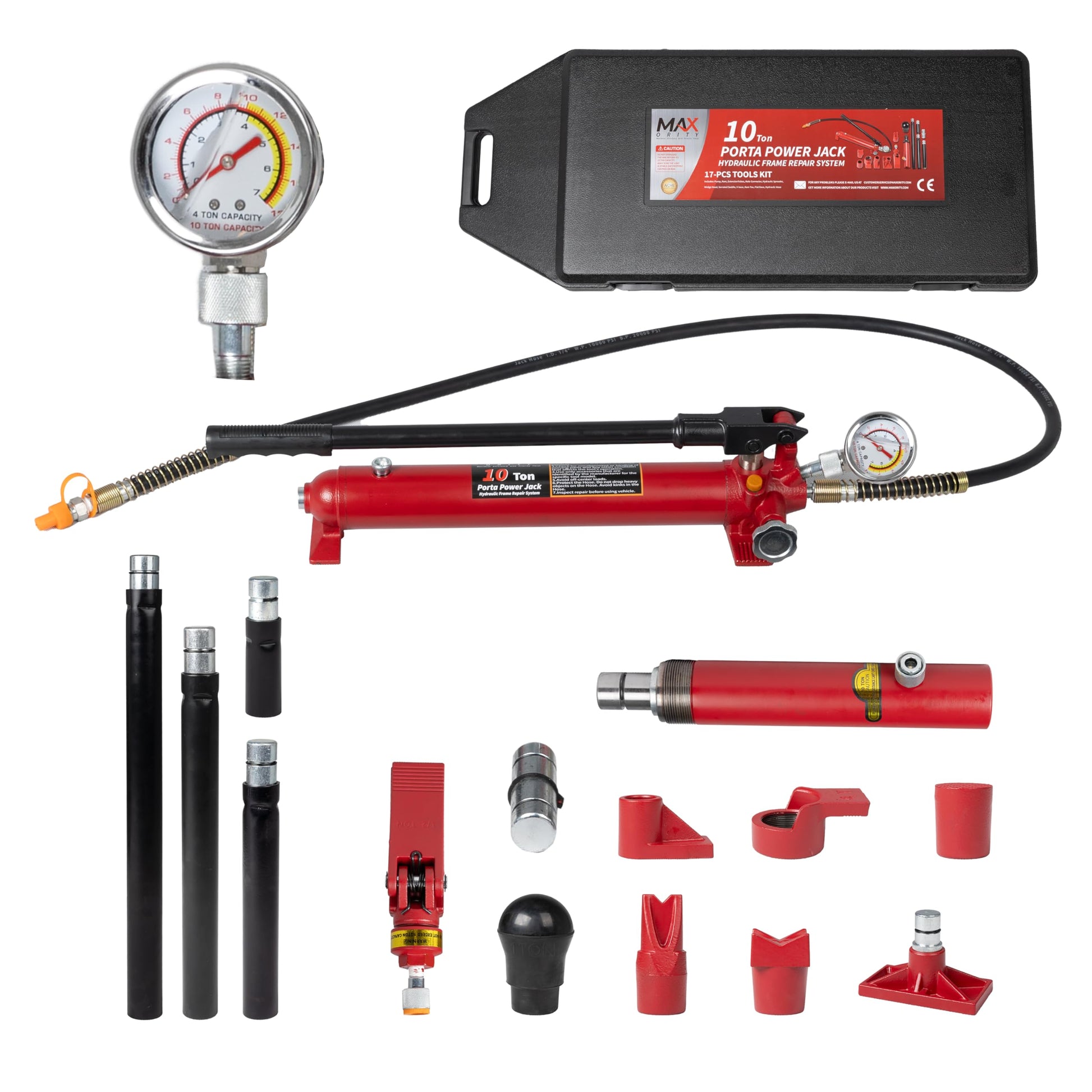 4 Ton (8800 lbs Capacity) Porta Power Hydraulic Ram Auto Body Frame Collision Repair Kit Set, 18-Pcs, with Blow Mold Carrying Case and Gauge