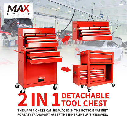 8-Drawer Rolling Tool Chest with Lockable Wheels, Sliding Drawers, Detachable Top & Adjustable Shelf – Heavy Duty Tool Storage Cabinet for Garage, Workshop & Home Organization