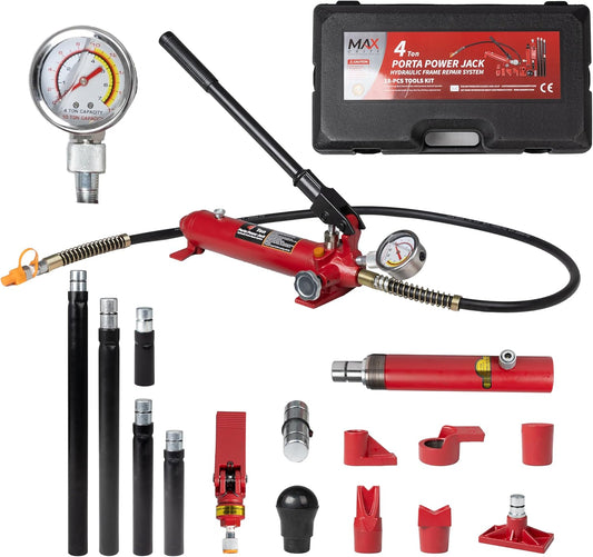 4 Ton (8800 lbs Capacity) Porta Power Hydraulic Ram Auto Body Frame Collision Repair Kit Set, 18-Pcs, with Blow Mold Carrying Case and Gauge